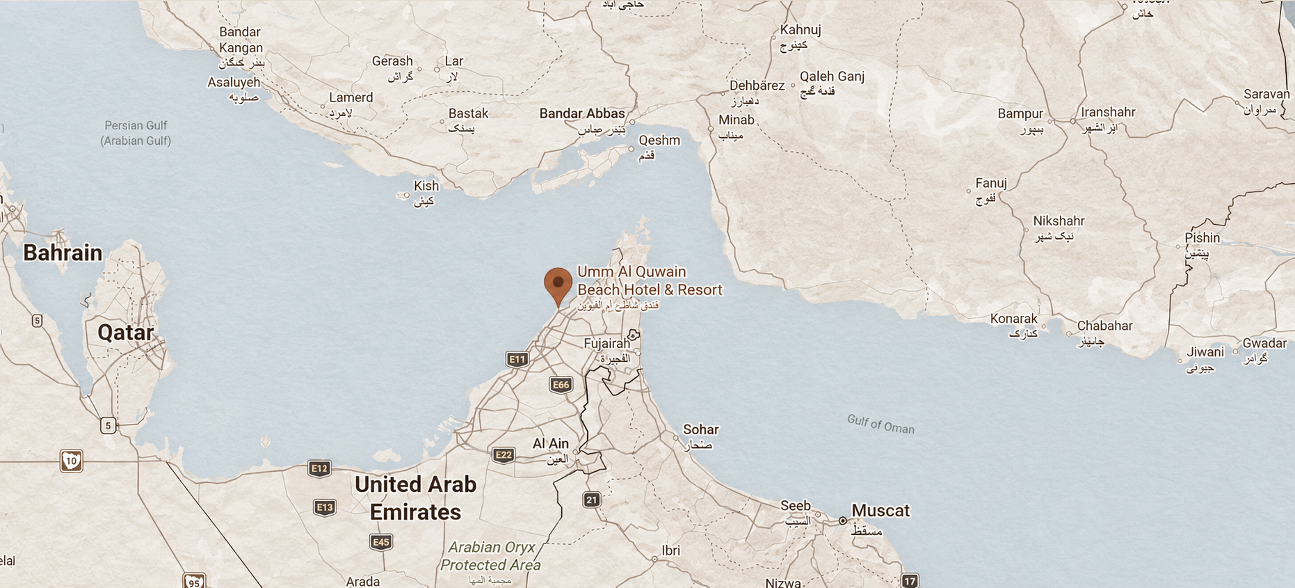 Map of Umm Al Quwain Beach Hotel and its beachfront setting