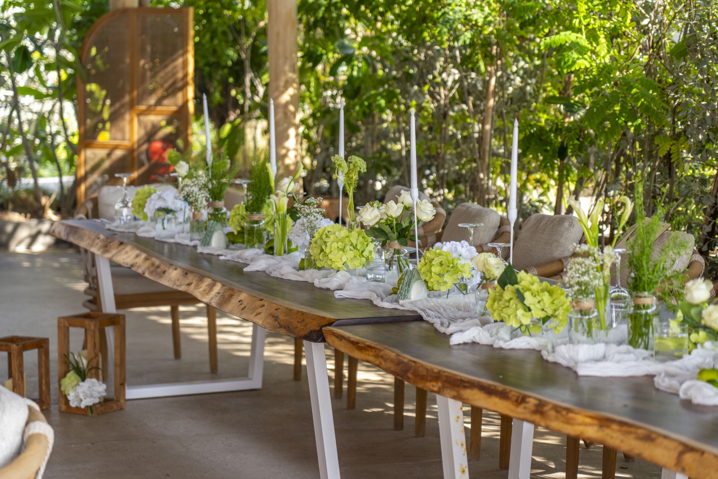 Long event table surrounded by greenery
